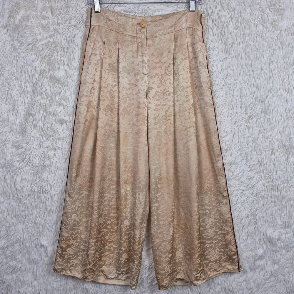 Raquel Allegra Barneys New York Silk Jacquard Wide Leg Pants Champagne Size M